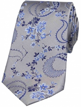 Silver Grey Silk Tie with Blue Floral Pattern
